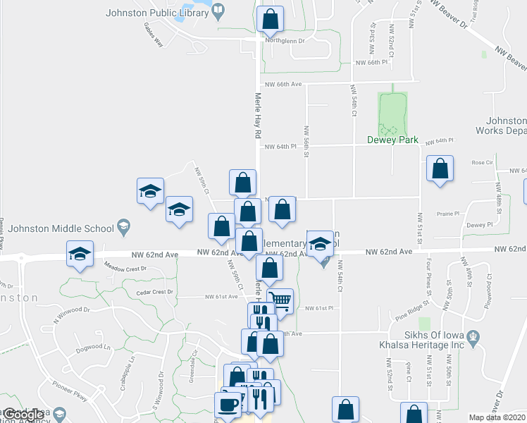 map of restaurants, bars, coffee shops, grocery stores, and more near 6305 Merle Hay Road in Johnston