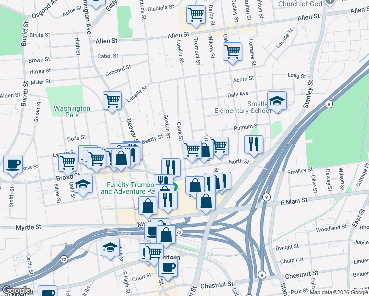 map of restaurants, bars, coffee shops, grocery stores, and more near 100 Clark Street in New Britain