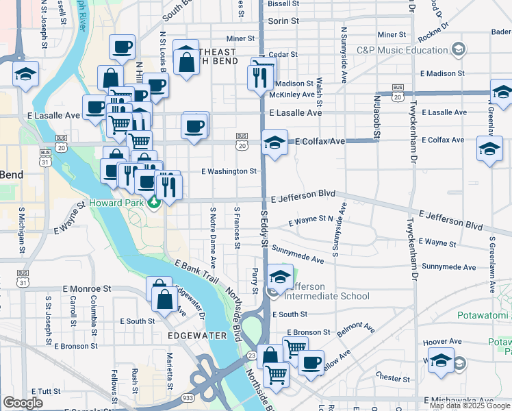map of restaurants, bars, coffee shops, grocery stores, and more near 220 South Eddy Street in South Bend