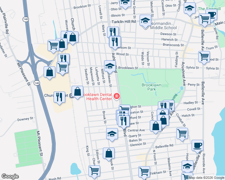 map of restaurants, bars, coffee shops, grocery stores, and more near 58 Rochambeau Street in New Bedford