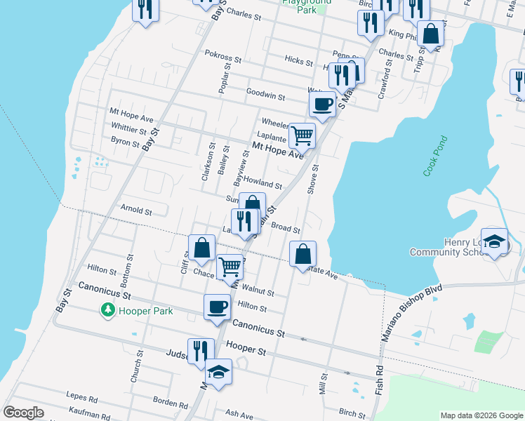 map of restaurants, bars, coffee shops, grocery stores, and more near 2573 South Main Street in Fall River