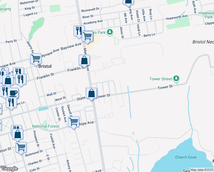 map of restaurants, bars, coffee shops, grocery stores, and more near 17 Hilltop Street in Bristol