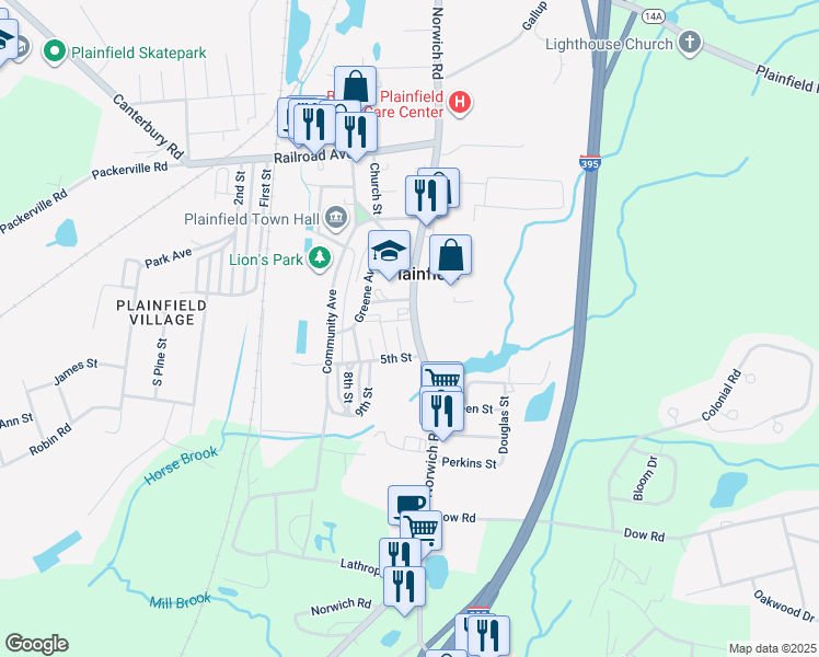 map of restaurants, bars, coffee shops, grocery stores, and more near 673-5 Norwich Road in Plainfield