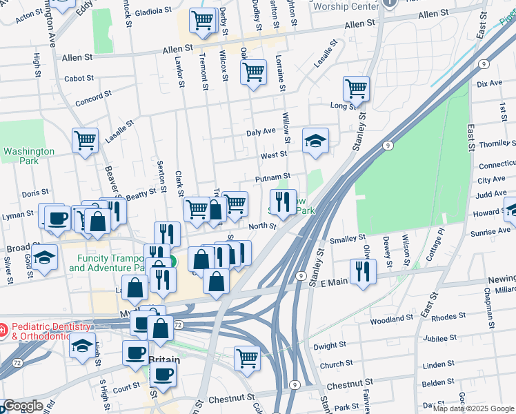 map of restaurants, bars, coffee shops, grocery stores, and more near 22 Oak Street in New Britain
