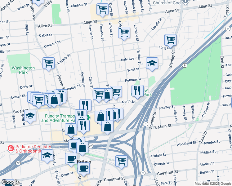 map of restaurants, bars, coffee shops, grocery stores, and more near 10 Erwin Place in New Britain