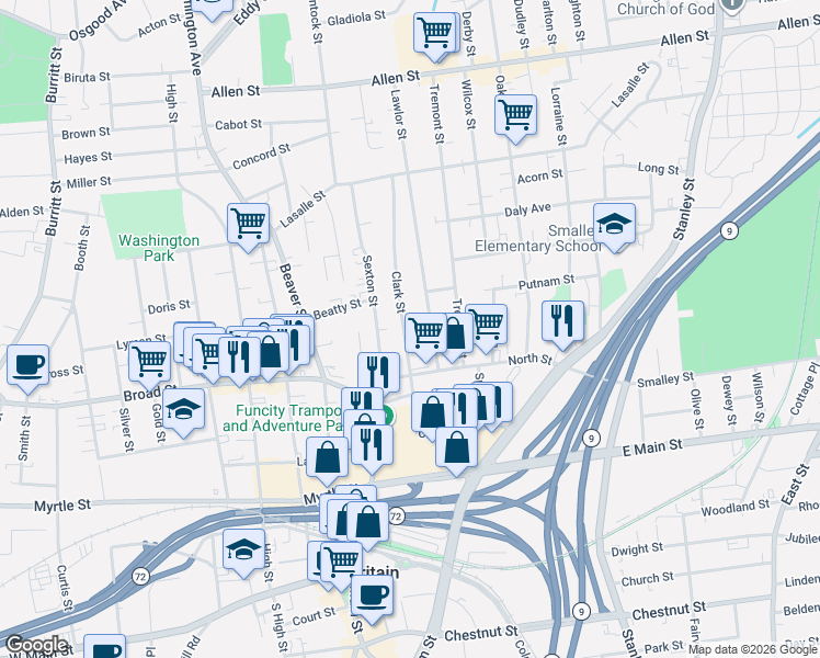 map of restaurants, bars, coffee shops, grocery stores, and more near 100 Clark Street in New Britain