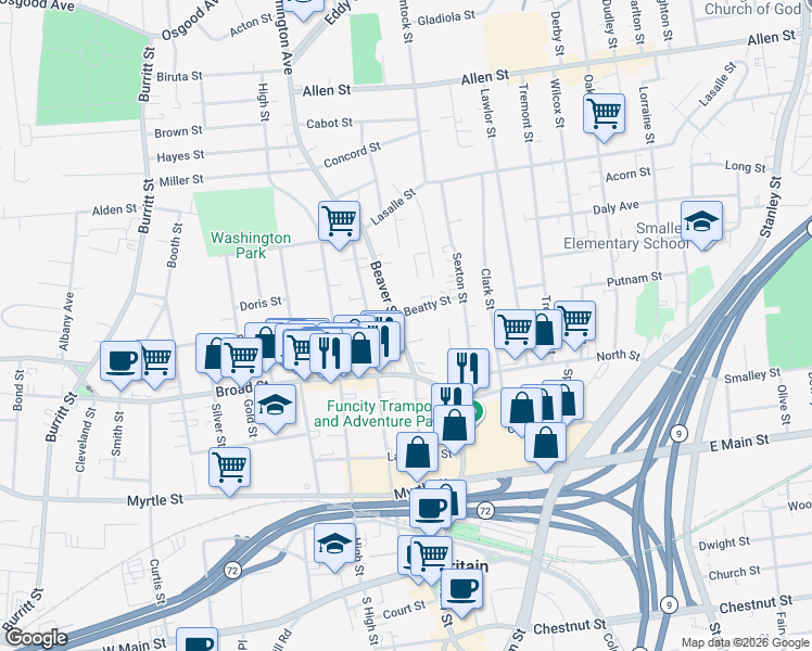 map of restaurants, bars, coffee shops, grocery stores, and more near 113 Beaver Street in New Britain