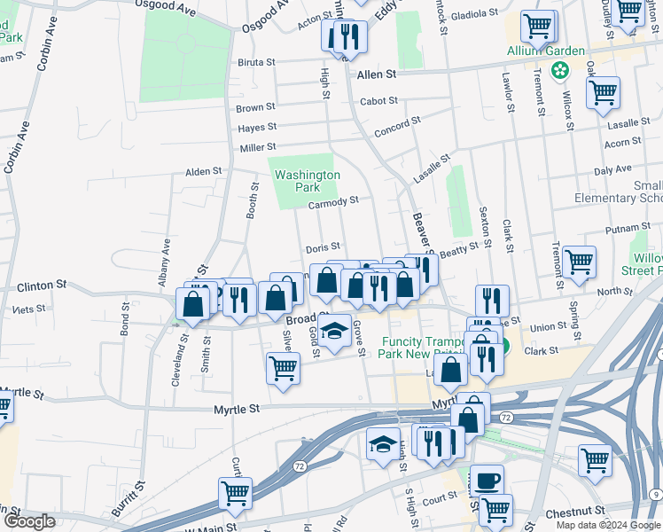 map of restaurants, bars, coffee shops, grocery stores, and more near 48 Horace Street in New Britain