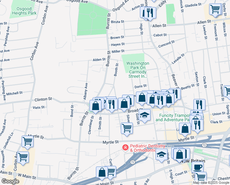 map of restaurants, bars, coffee shops, grocery stores, and more near 171 Booth Street in New Britain