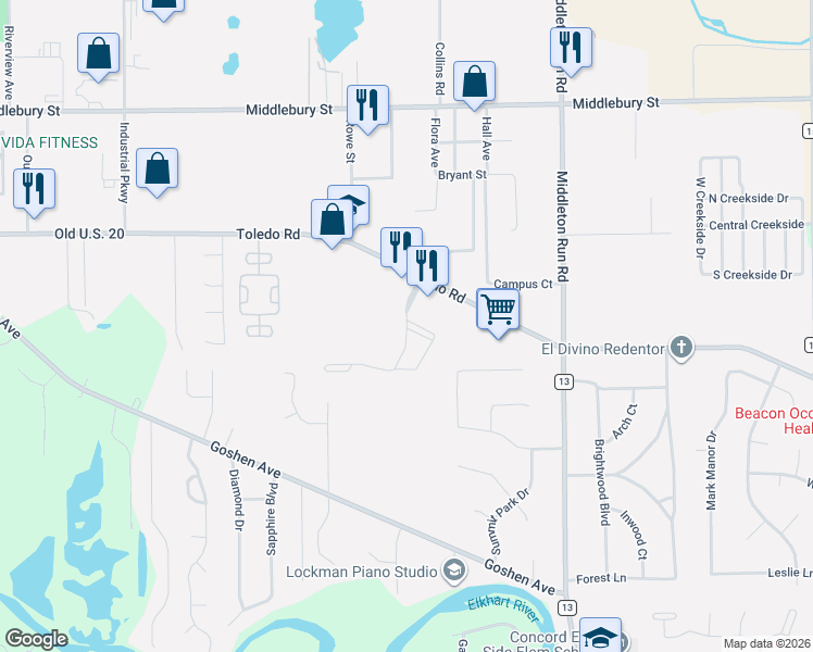 map of restaurants, bars, coffee shops, grocery stores, and more near 23768 Toledo Road in Elkhart
