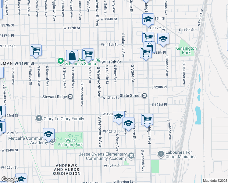 map of restaurants, bars, coffee shops, grocery stores, and more near 12056 South Perry Avenue in Chicago