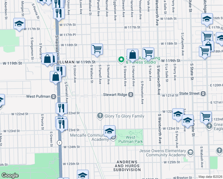 map of restaurants, bars, coffee shops, grocery stores, and more near 12055 South Normal Avenue in Chicago