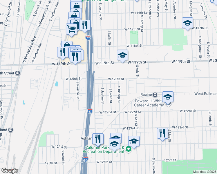 map of restaurants, bars, coffee shops, grocery stores, and more near 12043 South Laflin Street in Chicago
