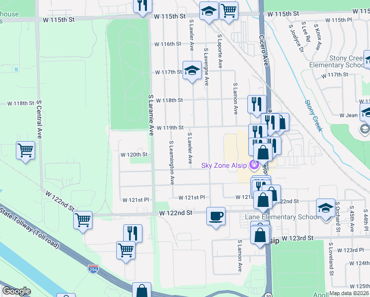 map of restaurants, bars, coffee shops, grocery stores, and more near 11941 South Lawler Avenue in Alsip