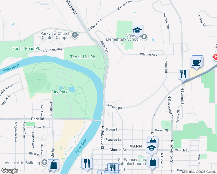 map of restaurants, bars, coffee shops, grocery stores, and more near 5 Kimball Rd in Iowa City