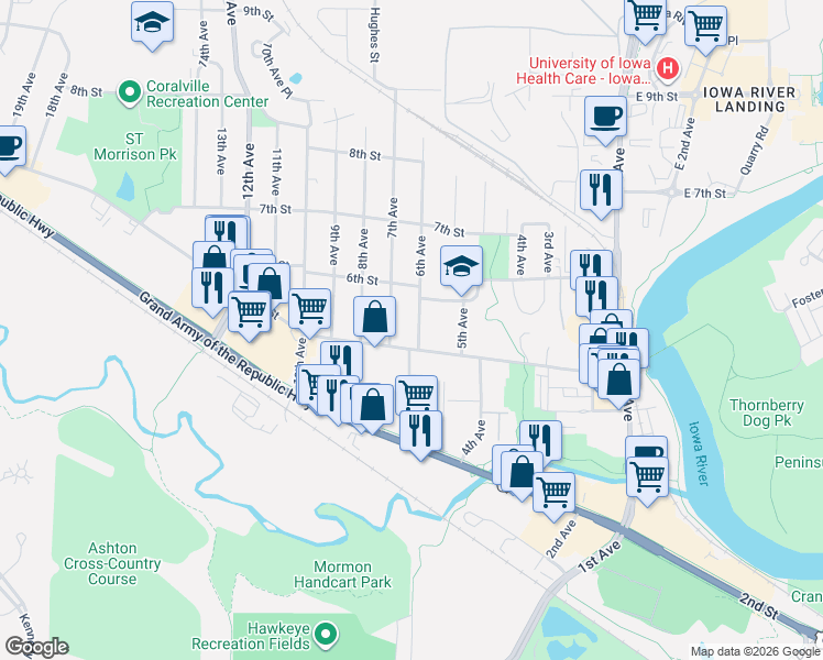 map of restaurants, bars, coffee shops, grocery stores, and more near 513 5th Street in Coralville