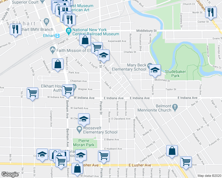 map of restaurants, bars, coffee shops, grocery stores, and more near 1299 Eden Street in Elkhart