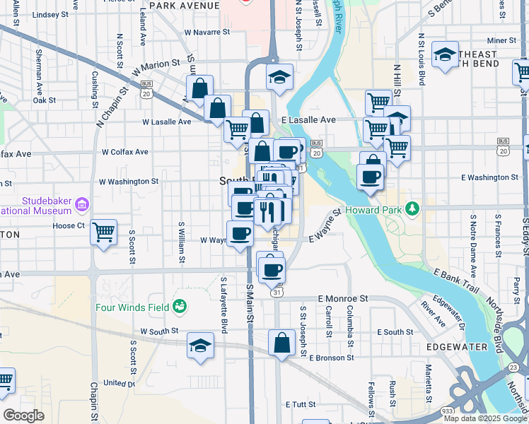 map of restaurants, bars, coffee shops, grocery stores, and more near 112 West Jefferson Boulevard in South Bend