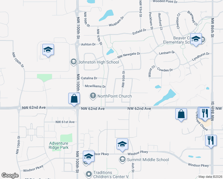 map of restaurants, bars, coffee shops, grocery stores, and more near 6229 Northwest 97th Street in Johnston