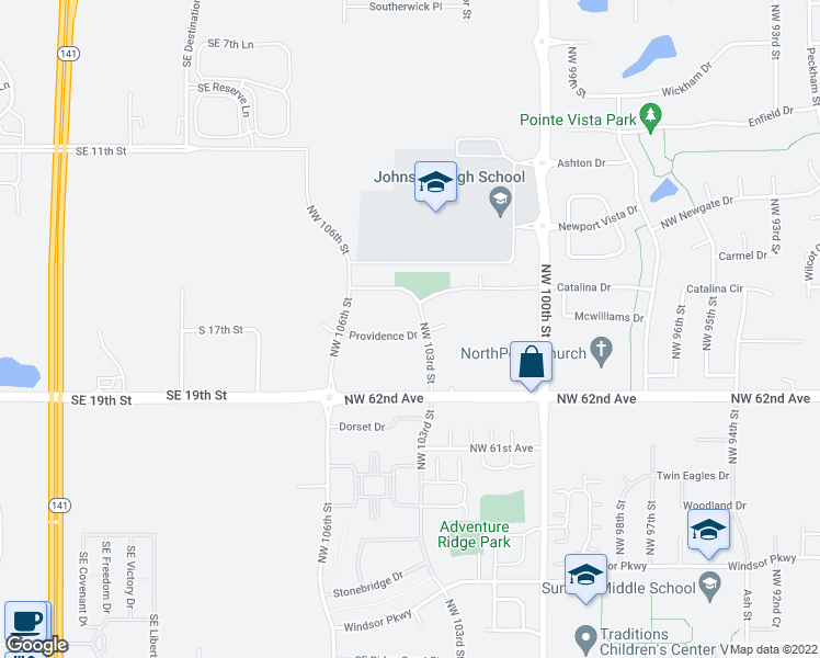 map of restaurants, bars, coffee shops, grocery stores, and more near 10305 Providence Drive in Johnston