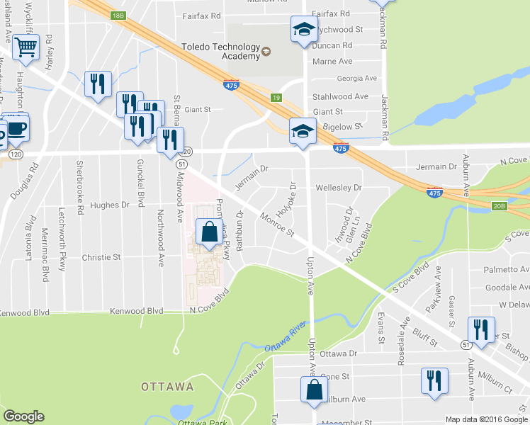 map of restaurants, bars, coffee shops, grocery stores, and more near 2802 Winsted Drive in Toledo