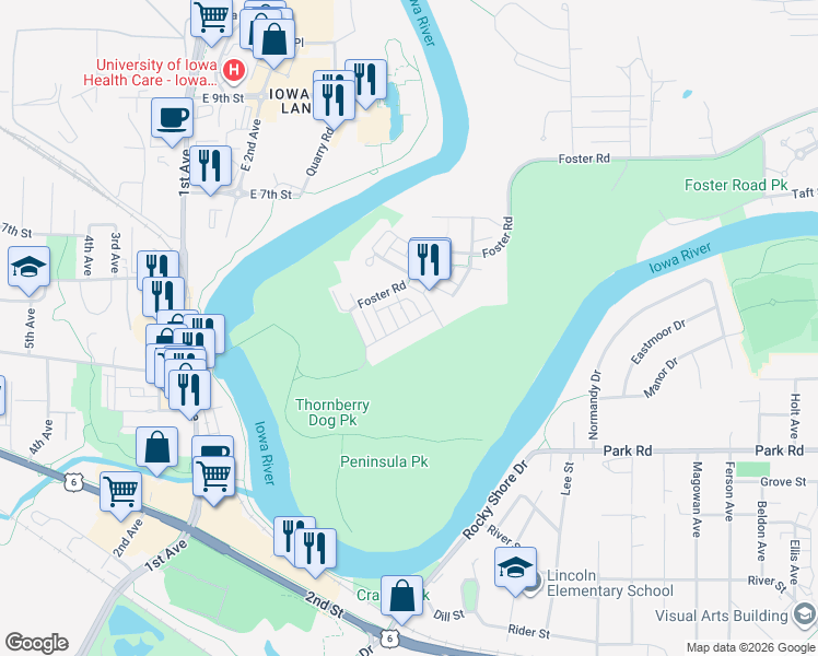map of restaurants, bars, coffee shops, grocery stores, and more near 1513 McCleary Lane in Iowa City