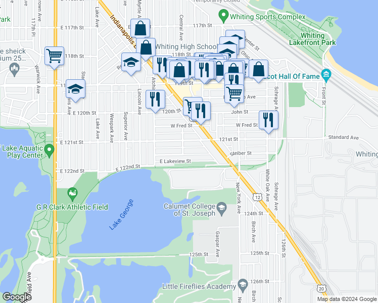 map of restaurants, bars, coffee shops, grocery stores, and more near 1311 Lakeview Avenue in Whiting