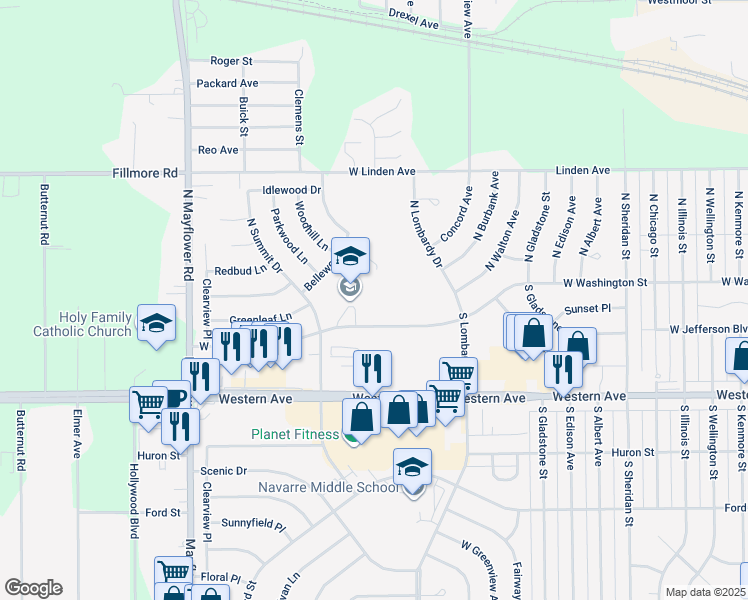 map of restaurants, bars, coffee shops, grocery stores, and more near 4747 West Washington Street in South Bend