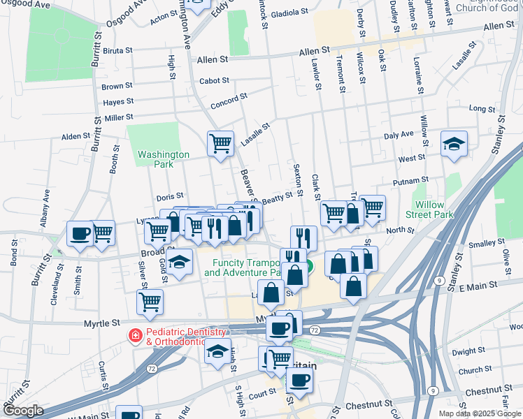 map of restaurants, bars, coffee shops, grocery stores, and more near 133 Beaver Street in New Britain