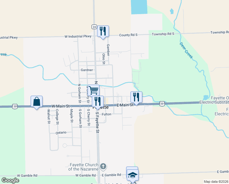 map of restaurants, bars, coffee shops, grocery stores, and more near 203 East Spring Street in Fayette