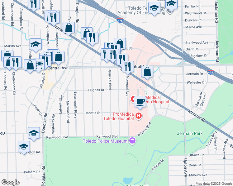 map of restaurants, bars, coffee shops, grocery stores, and more near 2831 Northwood Avenue in Toledo