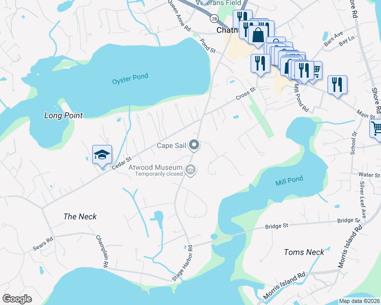 map of restaurants, bars, coffee shops, grocery stores, and more near 309 Stage Harbor Road in Chatham