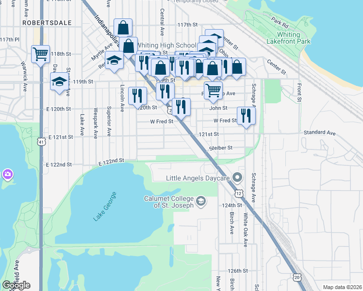 map of restaurants, bars, coffee shops, grocery stores, and more near 1332 East Lakeview Street in Whiting
