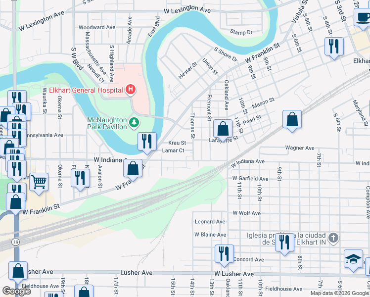 map of restaurants, bars, coffee shops, grocery stores, and more near 1428 West Indiana Avenue in Elkhart