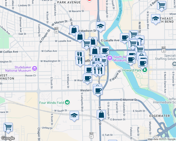map of restaurants, bars, coffee shops, grocery stores, and more near 224 West Jefferson Boulevard in South Bend