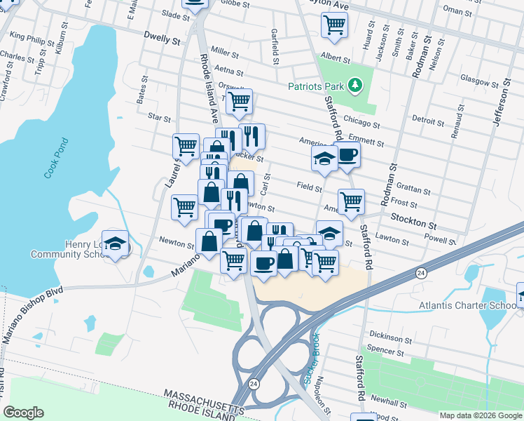 map of restaurants, bars, coffee shops, grocery stores, and more near 100 Anthony Street in Fall River