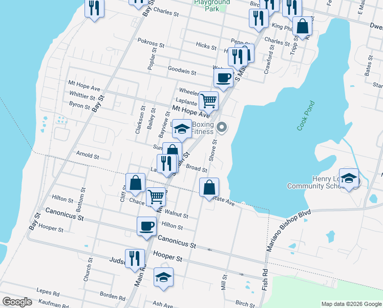 map of restaurants, bars, coffee shops, grocery stores, and more near 30 Broad Street in Fall River