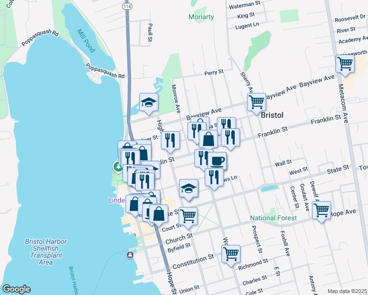 map of restaurants, bars, coffee shops, grocery stores, and more near 97 Franklin Street in Bristol