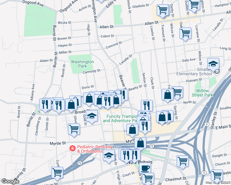 map of restaurants, bars, coffee shops, grocery stores, and more near 241 High Street in New Britain