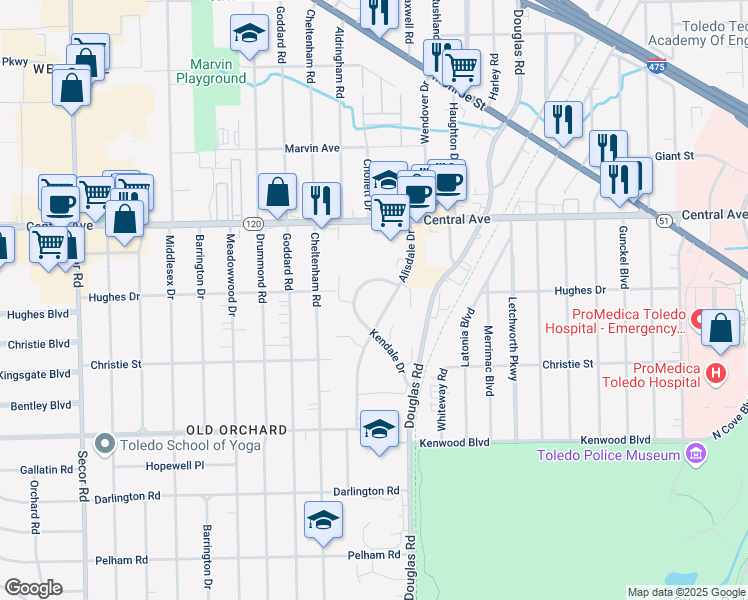 map of restaurants, bars, coffee shops, grocery stores, and more near 2815 Alisdale Drive in Toledo