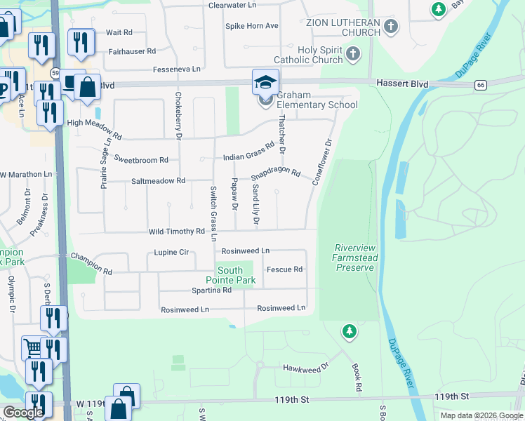 map of restaurants, bars, coffee shops, grocery stores, and more near 5335 Sand Lily Drive in Naperville