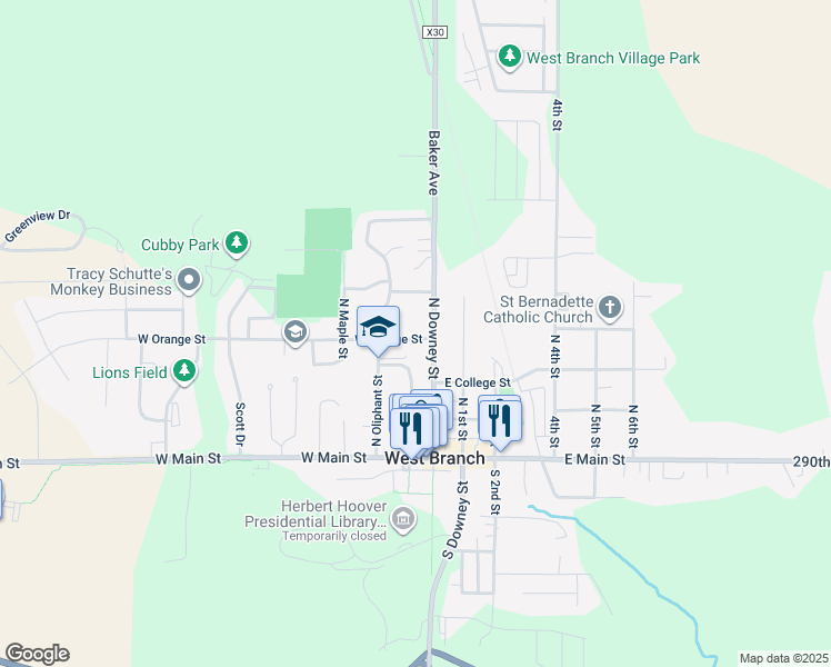 map of restaurants, bars, coffee shops, grocery stores, and more near 328 North Downey Street in West Branch