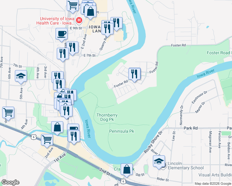 map of restaurants, bars, coffee shops, grocery stores, and more near 1795 Foster Road in Iowa City