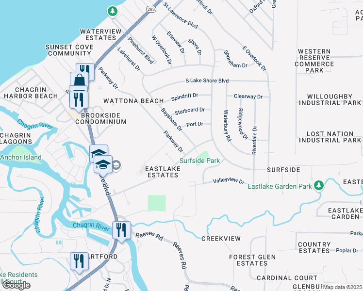 map of restaurants, bars, coffee shops, grocery stores, and more near 354 Parkway Drive in Eastlake