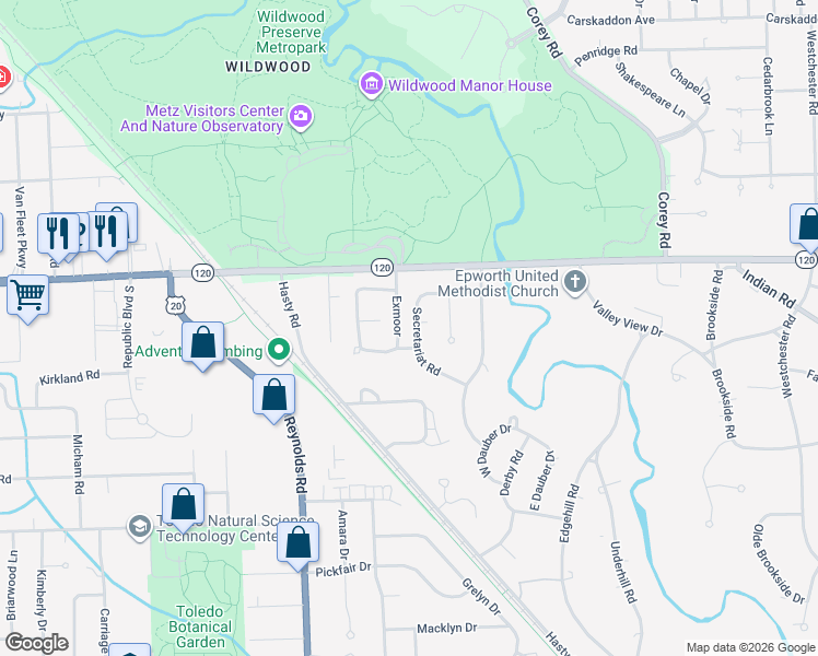 map of restaurants, bars, coffee shops, grocery stores, and more near 2937 Secretariat Road in Toledo
