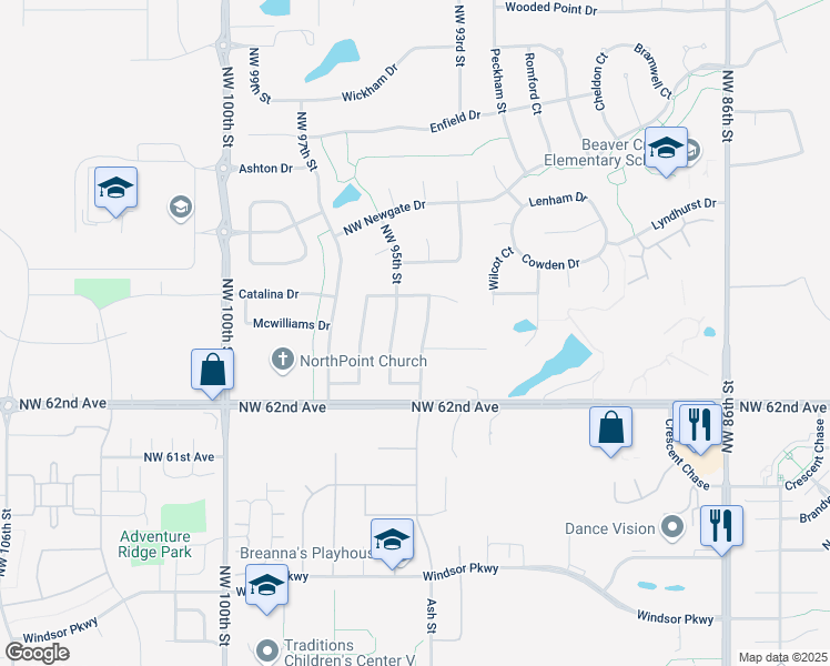 map of restaurants, bars, coffee shops, grocery stores, and more near 6220 Northwest 94th Street in Johnston