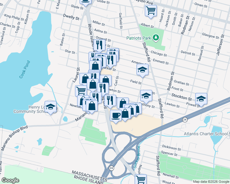 map of restaurants, bars, coffee shops, grocery stores, and more near 100 Anthony Street in Fall River