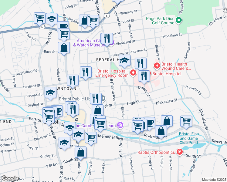 map of restaurants, bars, coffee shops, grocery stores, and more near 50 Bellevue Avenue in Bristol