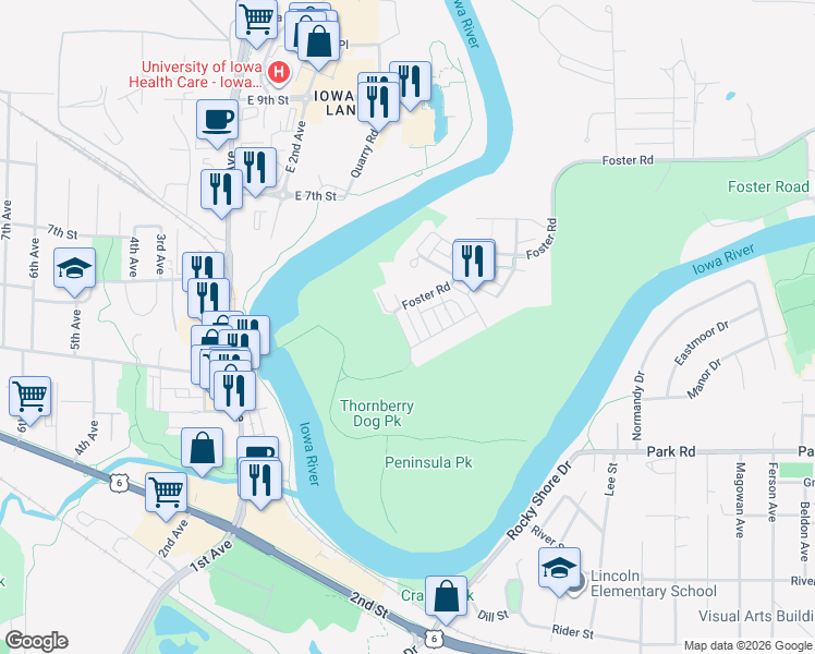 map of restaurants, bars, coffee shops, grocery stores, and more near 1795 Foster Road in Iowa City