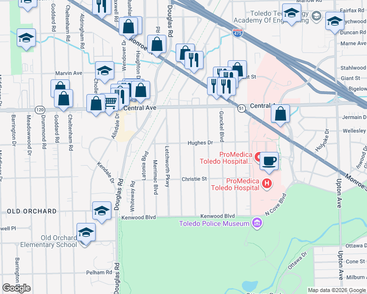 map of restaurants, bars, coffee shops, grocery stores, and more near 2814 Sherbrooke Road in Toledo